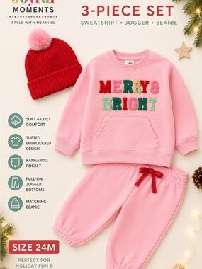 Pink Kids 3-Piece Pajama Set with Red Beanie